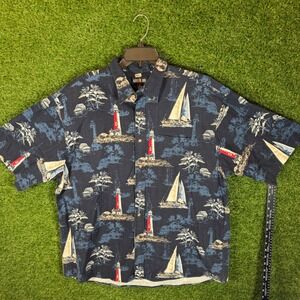 KEELER BAY Men XL Nautical Lighthouse Sailboat Print Short Sleeve ButtonUp Shirt